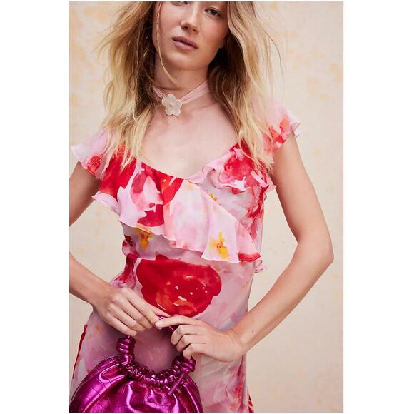 ANTHROPOLOGIE Summer Away Carolina Red Pink Midi Dress // M - Picture 4 of 12